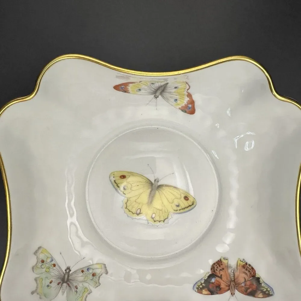 Antique L Bernardaud Limoges Butterfly Porcelain Bowls Pair Gold Gilt France